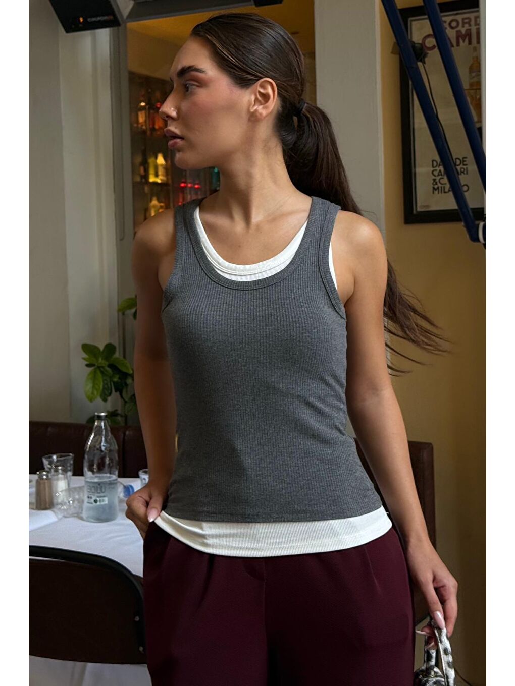 Gri Çift Kat Görünümlü Kadın Atlet Mg2558-9