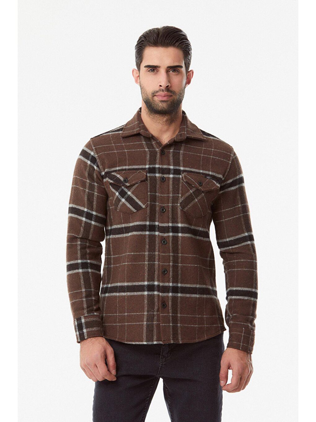 Kahverengi Çizgili Çift Cepli Oduncu Gömlek