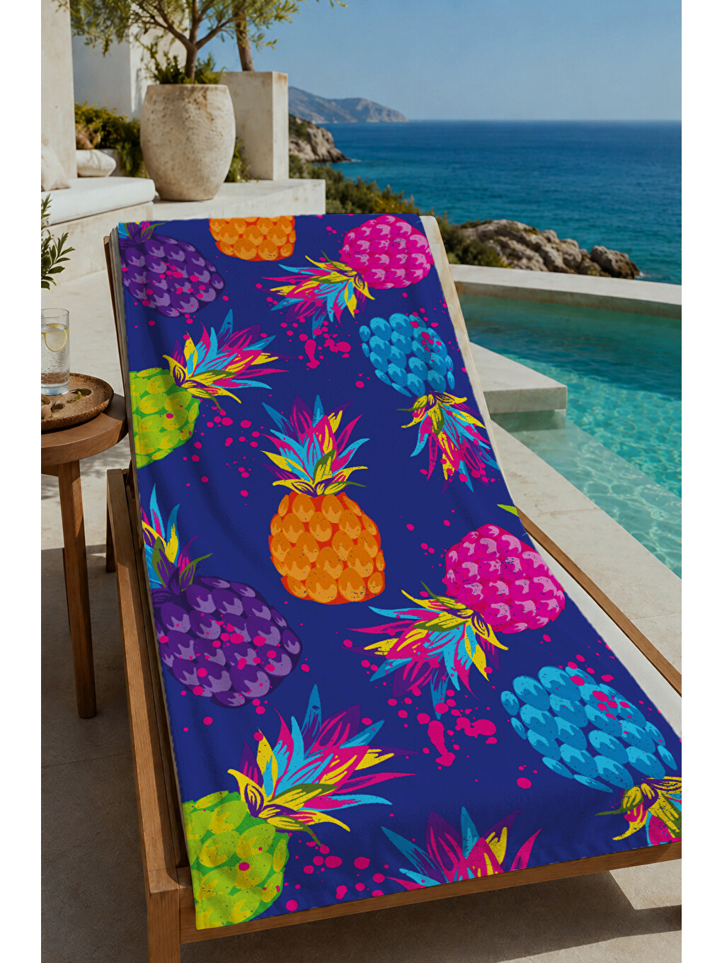 Lacivert Tropikal Meyve Desenli 70x150 Cm Dijital Baskılı Plaj Ve Banyo Havlusu