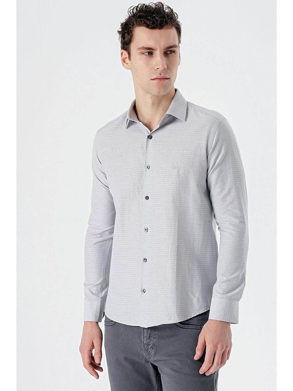 Gri Uzun Kollu Desenli Armürlü Sert Yaka Cepsiz Pamuklu Slim Fit Dar Kesim Gömlek 1004235168