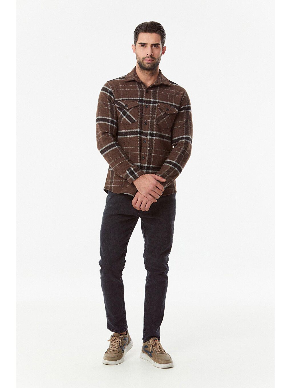 Kahverengi Çizgili Çift Cepli Oduncu Gömlek-1