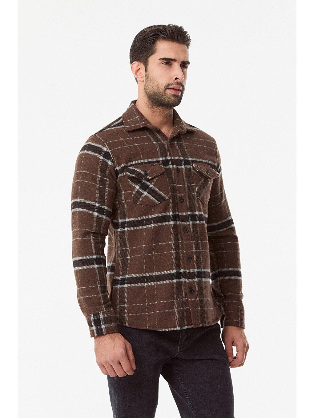 Kahverengi Çizgili Çift Cepli Oduncu Gömlek-2
