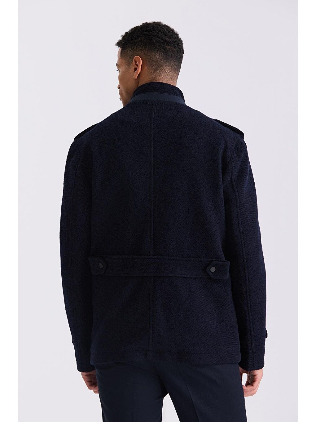 Lacivert-2 Slim Fit Hakim Yaka Apoletli Desenli Spor Kaşe Kaban-3