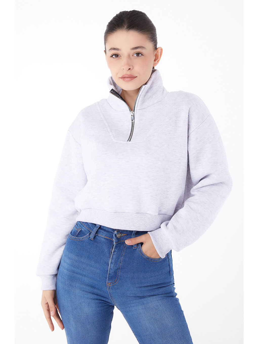 TOFİSA Düz Yarım Balıkçı Yaka Kadın Gri Fermuarlı Mini Sweatshirt - 26051 - 1