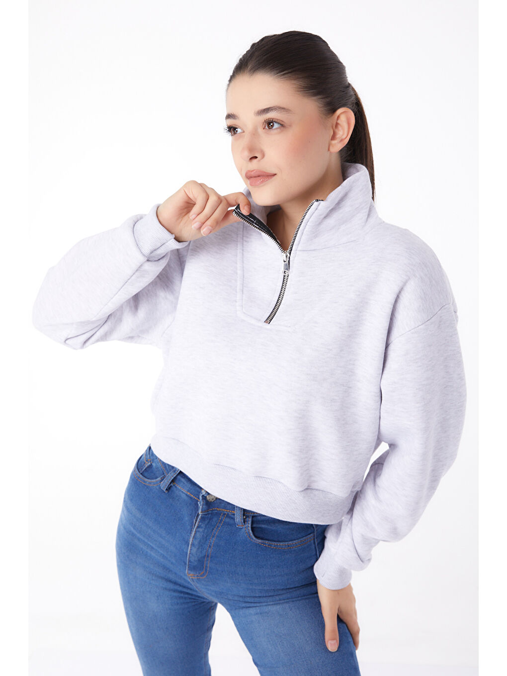 TOFİSA Düz Yarım Balıkçı Yaka Kadın Gri Fermuarlı Mini Sweatshirt - 26051 - 2