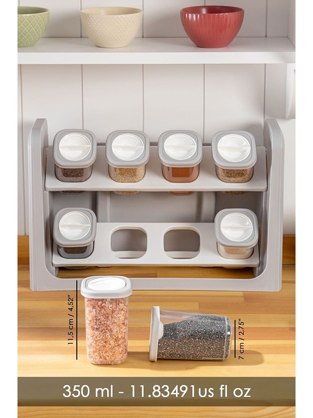 Bej 8'li Standlı, Kilitlenebilir Kapaklı Hava Almaz Baharatlık Seti-4