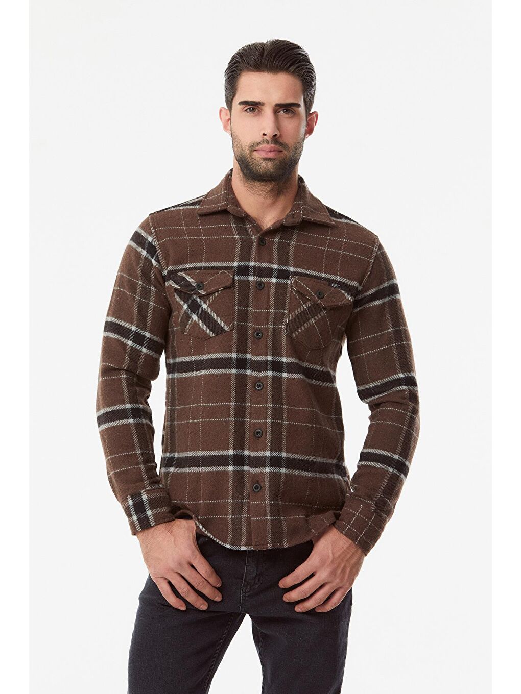 Kahverengi Çizgili Çift Cepli Oduncu Gömlek-4