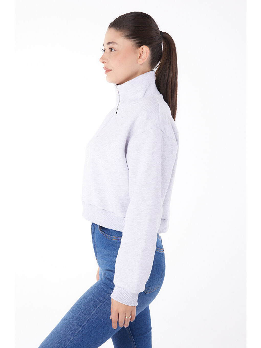 TOFİSA Düz Yarım Balıkçı Yaka Kadın Gri Fermuarlı Mini Sweatshirt - 26051 - 3