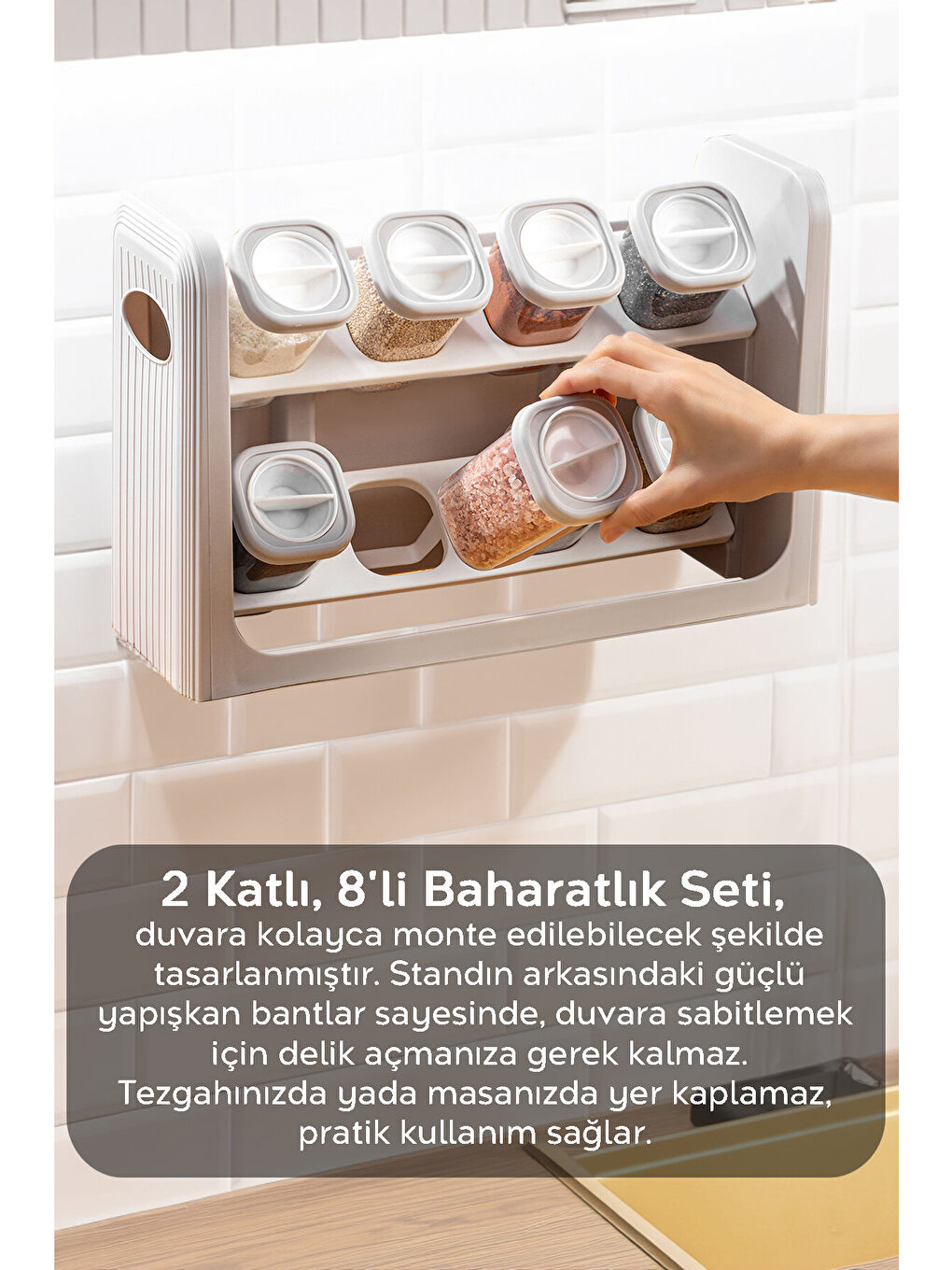 Bej 8'li Standlı, Kilitlenebilir Kapaklı Hava Almaz Baharatlık Seti-5