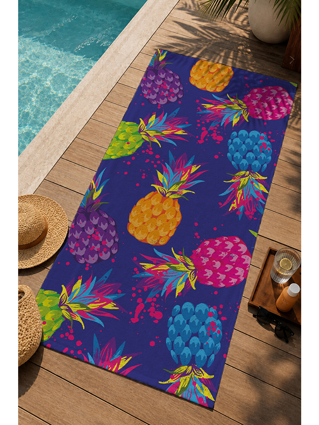 Lacivert Tropikal Meyve Desenli 70x150 Cm Dijital Baskılı Plaj Ve Banyo Havlusu-2