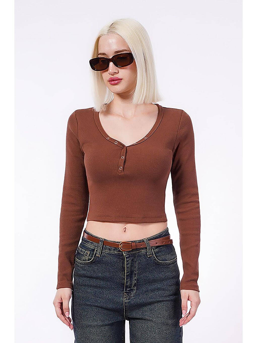 Acı Kahverengi V Yaka Uzun Kollu Düğme Detaylı Kaşkorse Bodysuit Mg2194