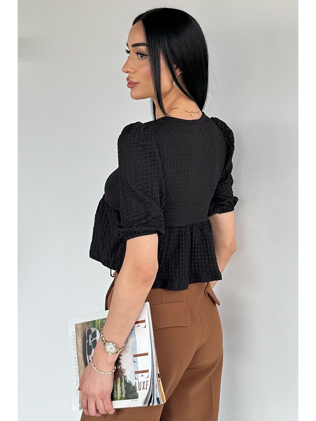 Siyah Kadın V Yaka Kısa Kol Bluz-3