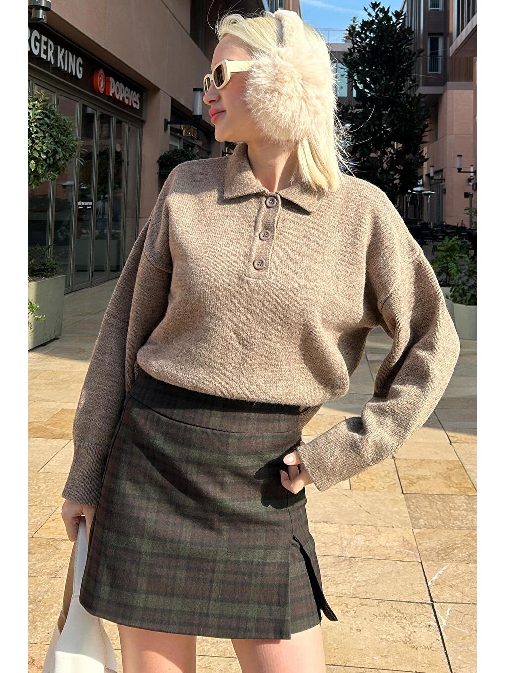 Haki Ekoseli Kadın Şort Etek Mg2316-2