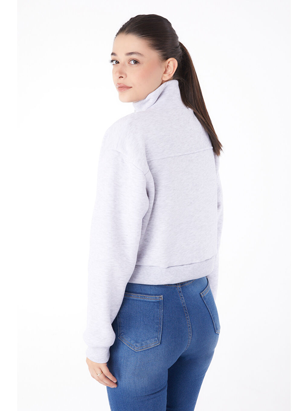 TOFİSA Düz Yarım Balıkçı Yaka Kadın Gri Fermuarlı Mini Sweatshirt - 26051 - 4