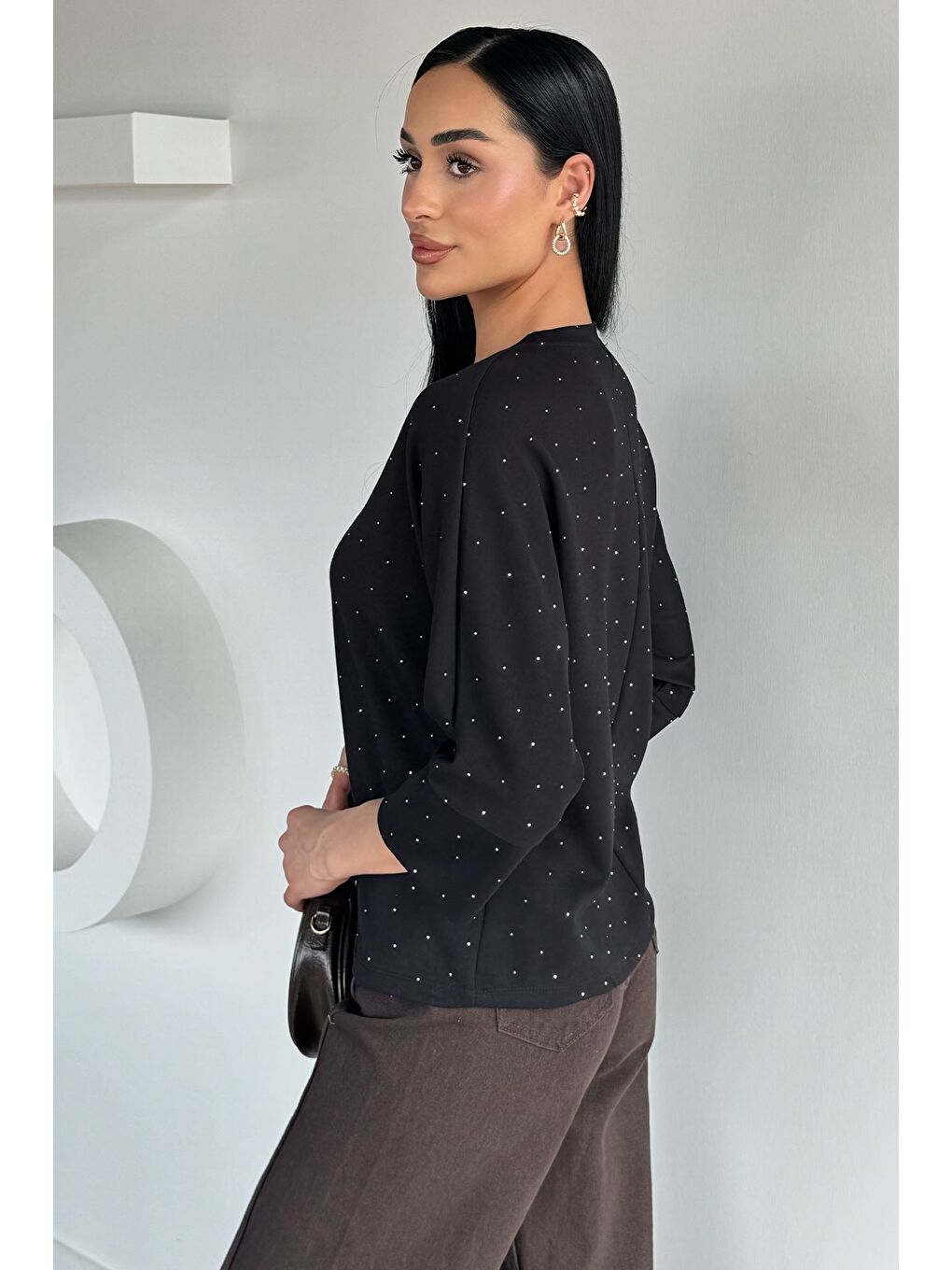 Siyah Kadın Taşlı Bluz-3