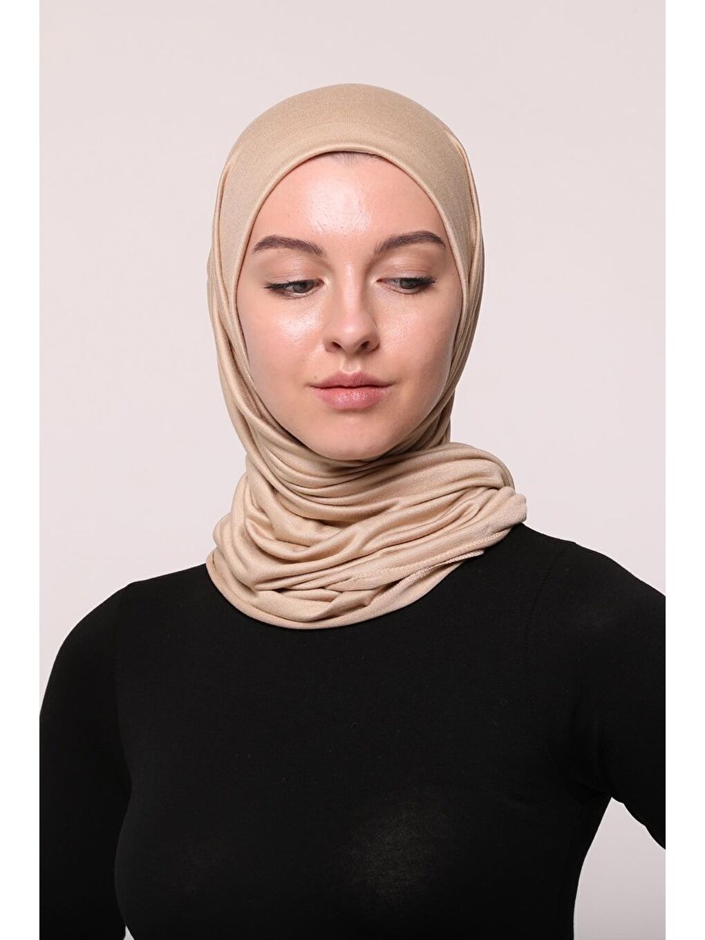 Bej Tesettür Düz Penye Şal-1