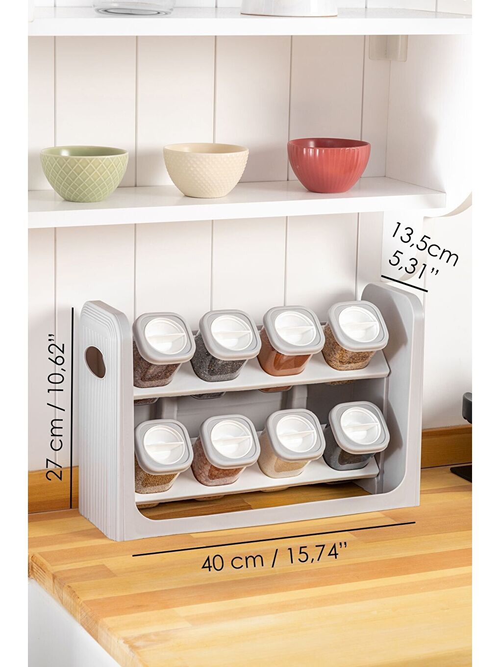 Bej 8'li Standlı, Kilitlenebilir Kapaklı Hava Almaz Baharatlık Seti-7