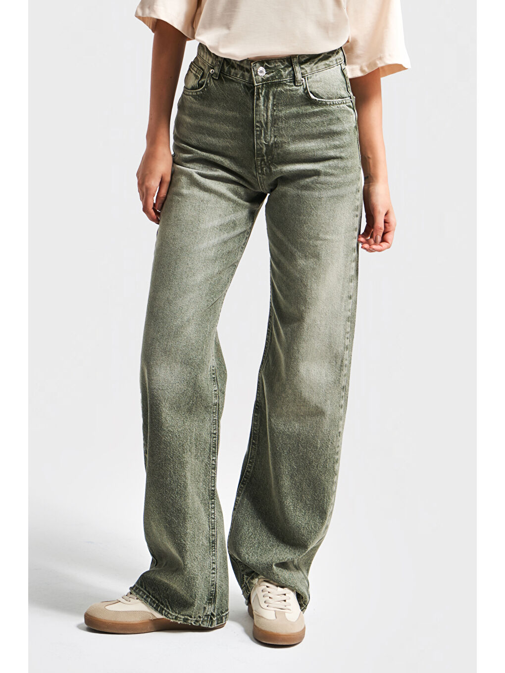 Kadın Taşlanmış Haki Renk 2s5-15 Straight Fit Yüksek Bel %100 Pamuk İç Boy 80 Cm Denim Jean-1