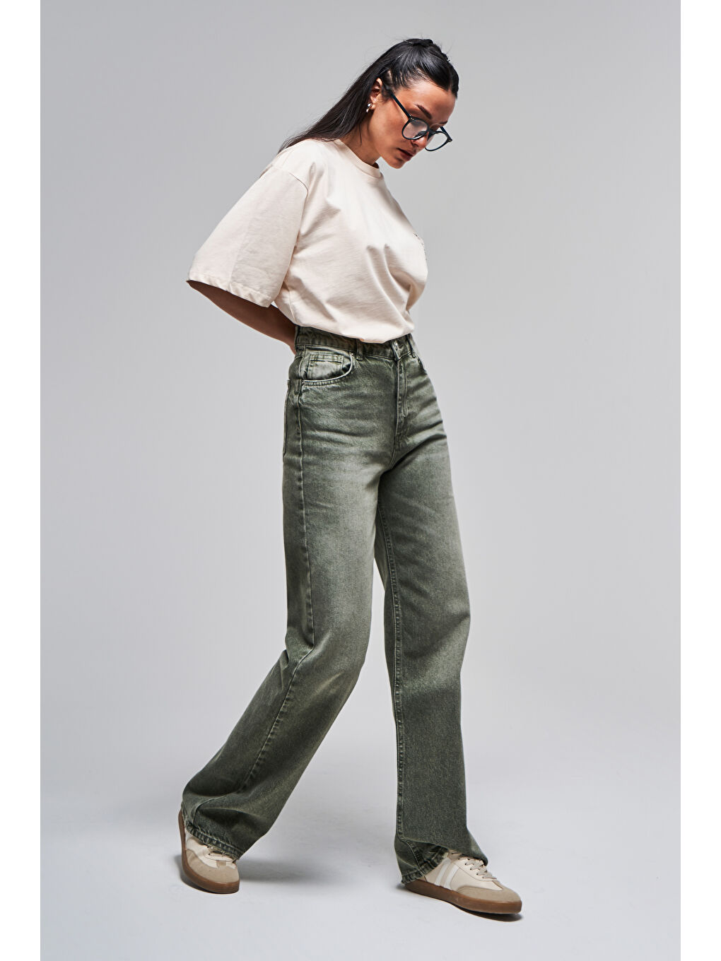 Kadın Taşlanmış Haki Renk 2s5-15 Straight Fit Yüksek Bel %100 Pamuk İç Boy 80 Cm Denim Jean-3