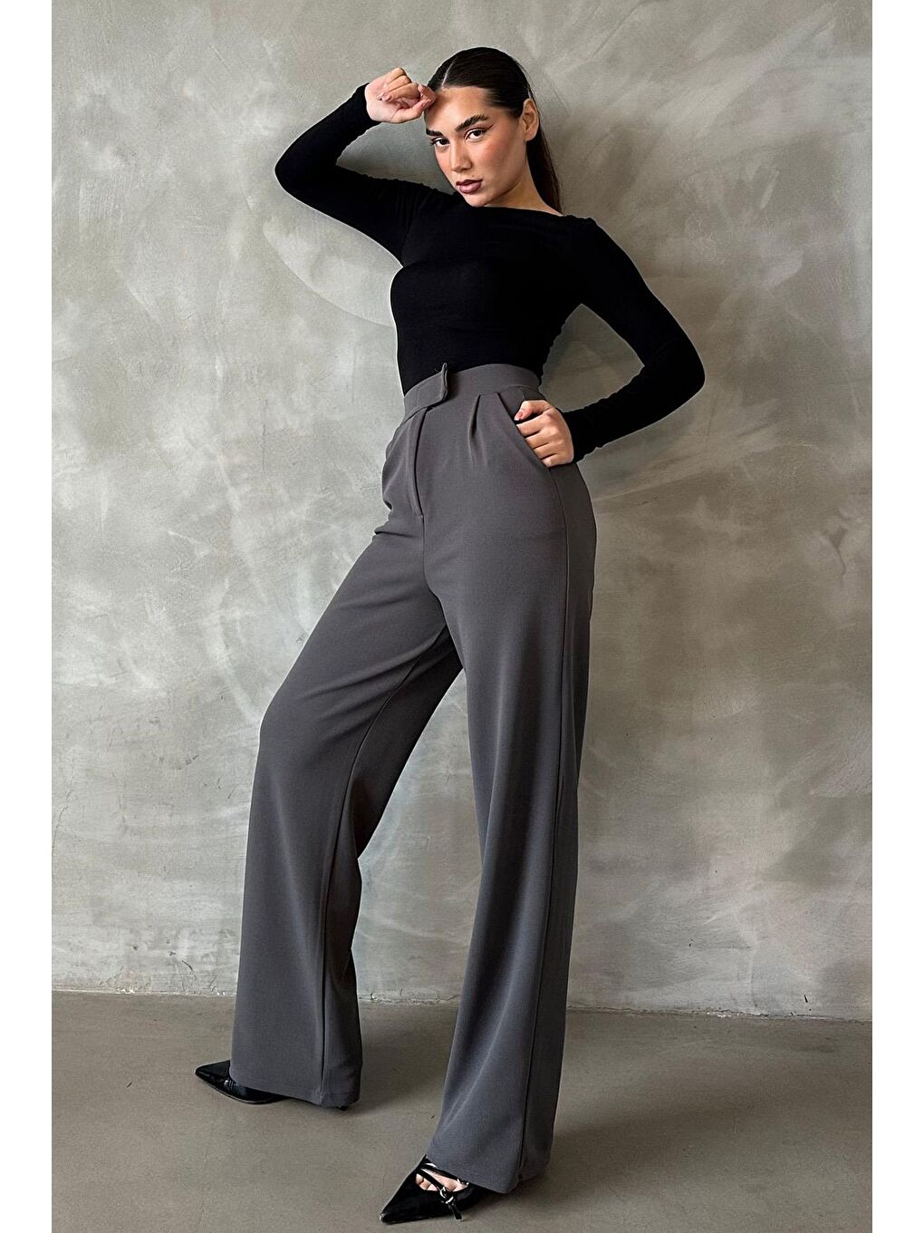 Antrasit Elastanlı Cırt Kapamalı Palazzo Pantolon Mg2291