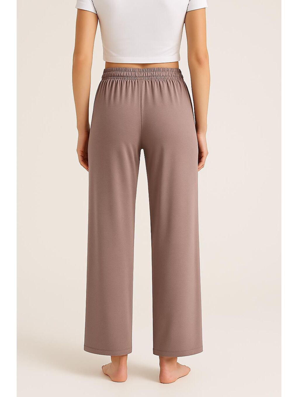 Bej Kadın Uzun Yüksek Bel Düz Paça Esnek Viskoz Pantolon 16600-2