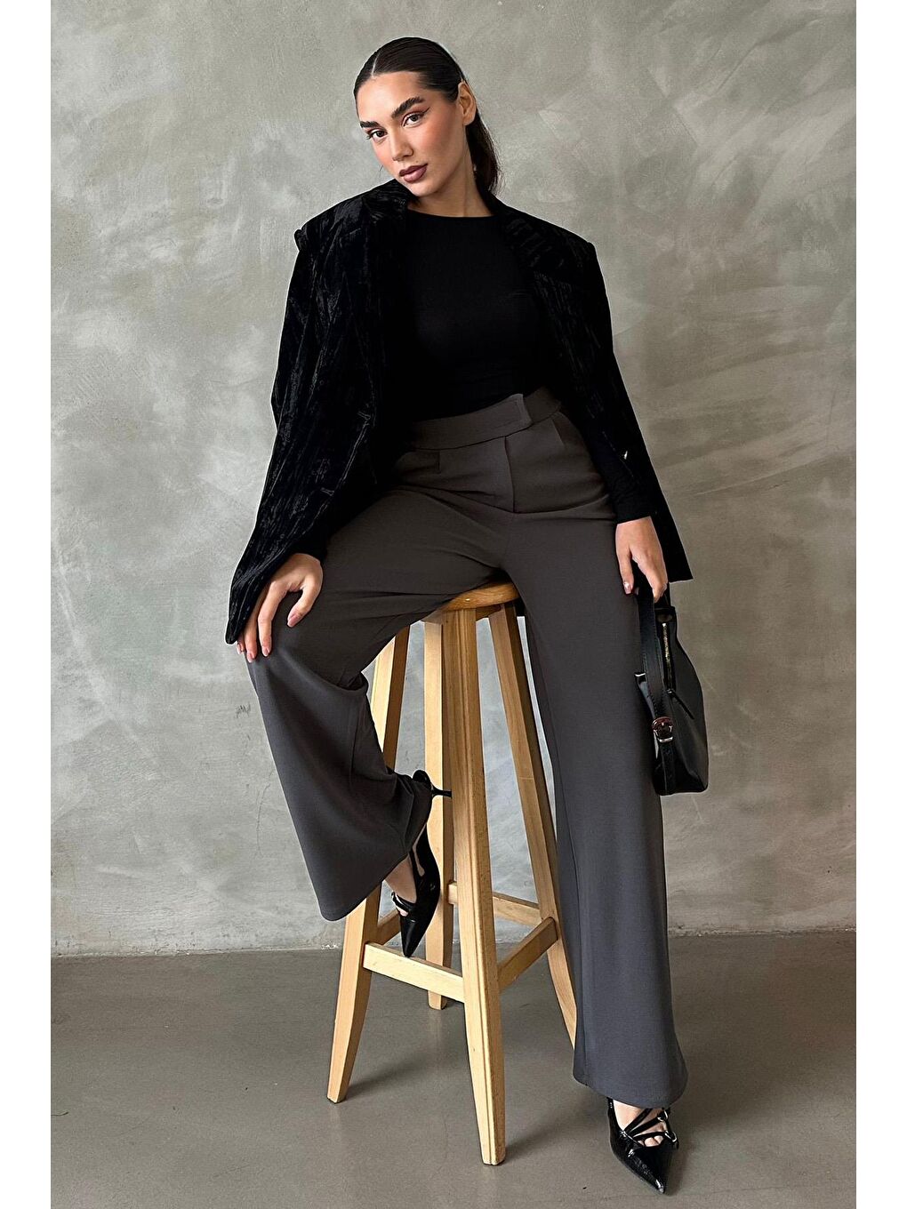 Antrasit Elastanlı Cırt Kapamalı Palazzo Pantolon Mg2291-1