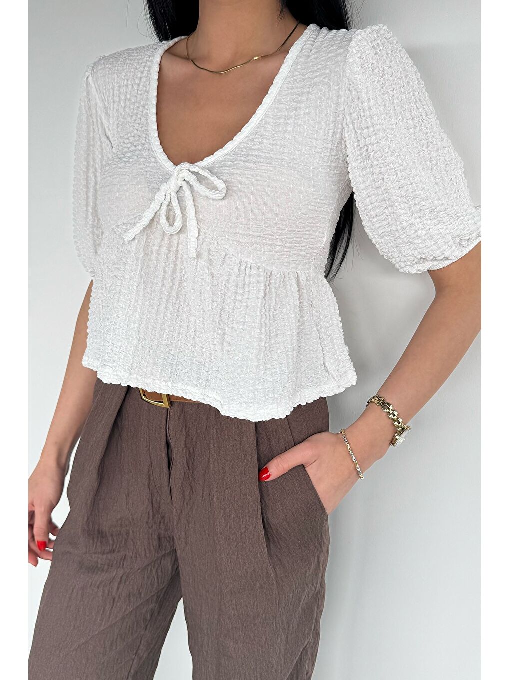 Ekru Kadın V Yaka Kısa Kol Bluz-2