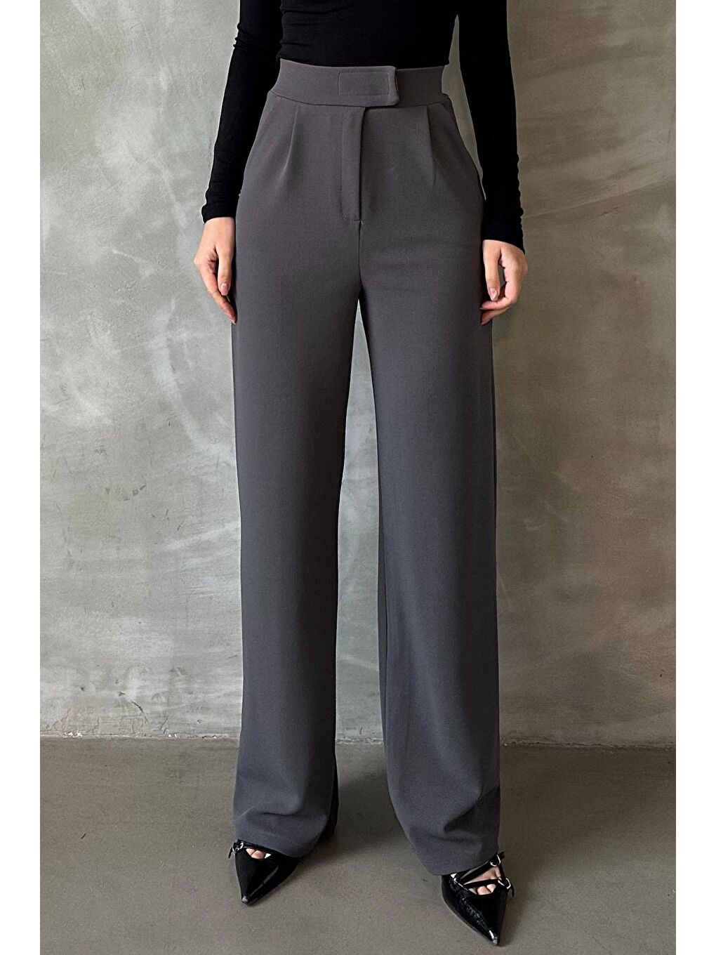 Antrasit Elastanlı Cırt Kapamalı Palazzo Pantolon Mg2291-2