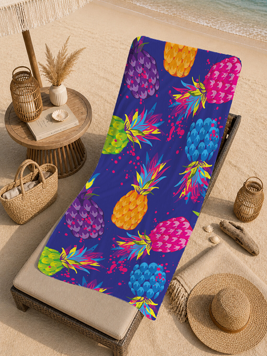 Lacivert Tropikal Meyve Desenli 70x150 Cm Dijital Baskılı Plaj Ve Banyo Havlusu-4