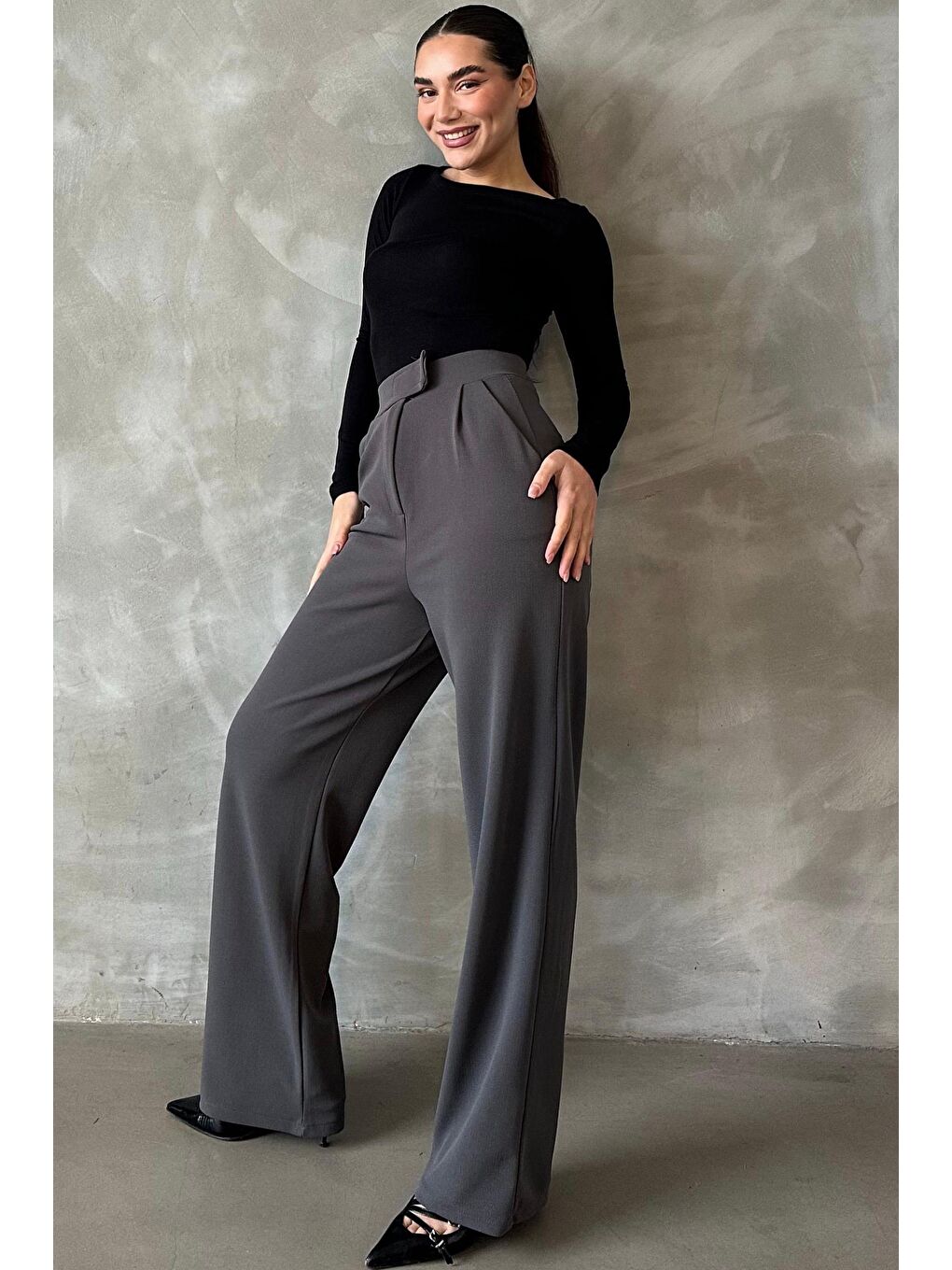 Antrasit Elastanlı Cırt Kapamalı Palazzo Pantolon Mg2291-3