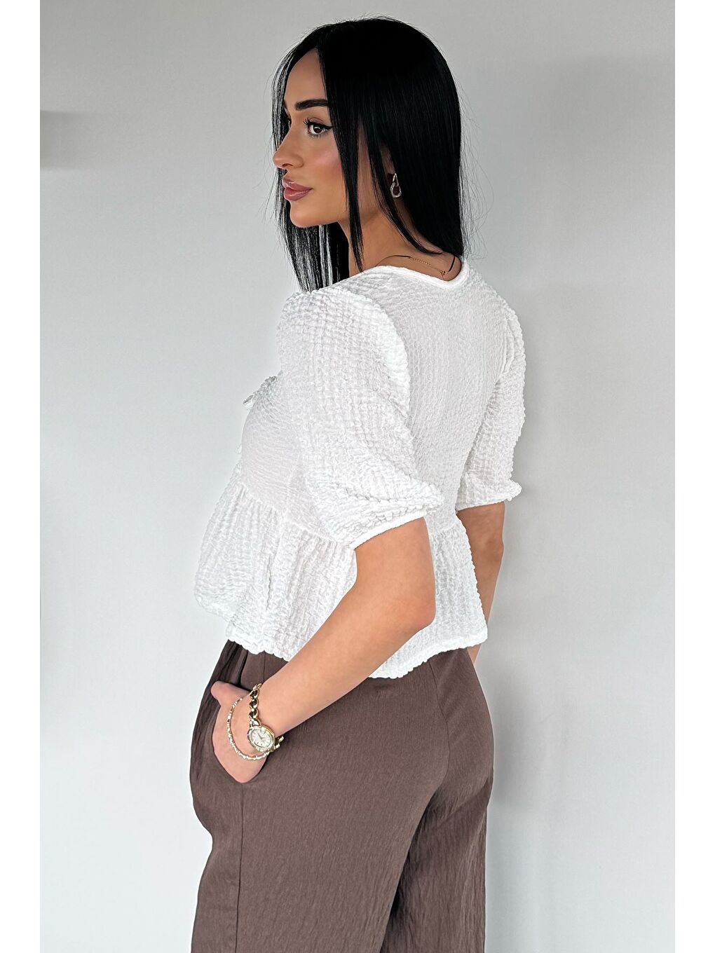 Ekru Kadın V Yaka Kısa Kol Bluz-3