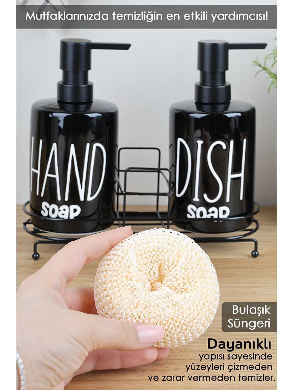 Siyah 2'li Metal Standlı Süngerli Sabunluk Seti-1