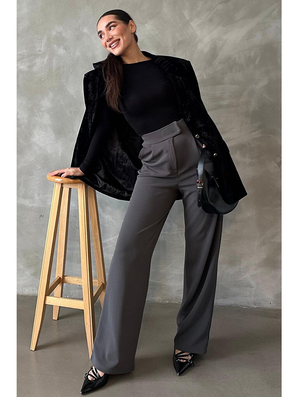 Antrasit Elastanlı Cırt Kapamalı Palazzo Pantolon Mg2291-4