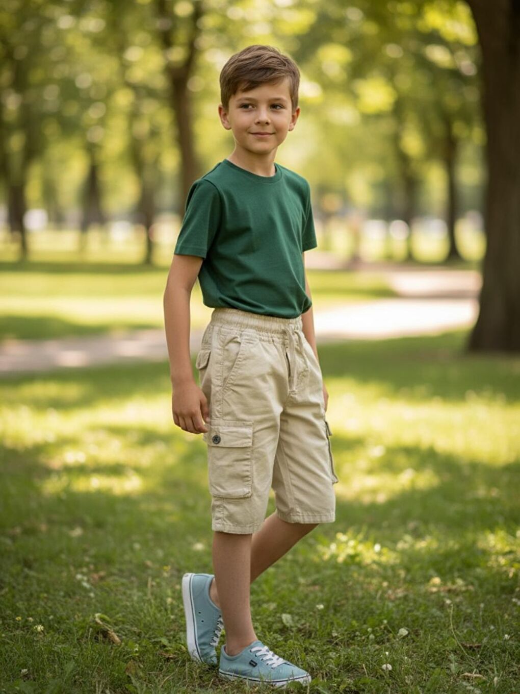 Kahverengi Erkek Çocuk Bel Lastikli Yan Cepli 3-14 Yaş Kapri Şort