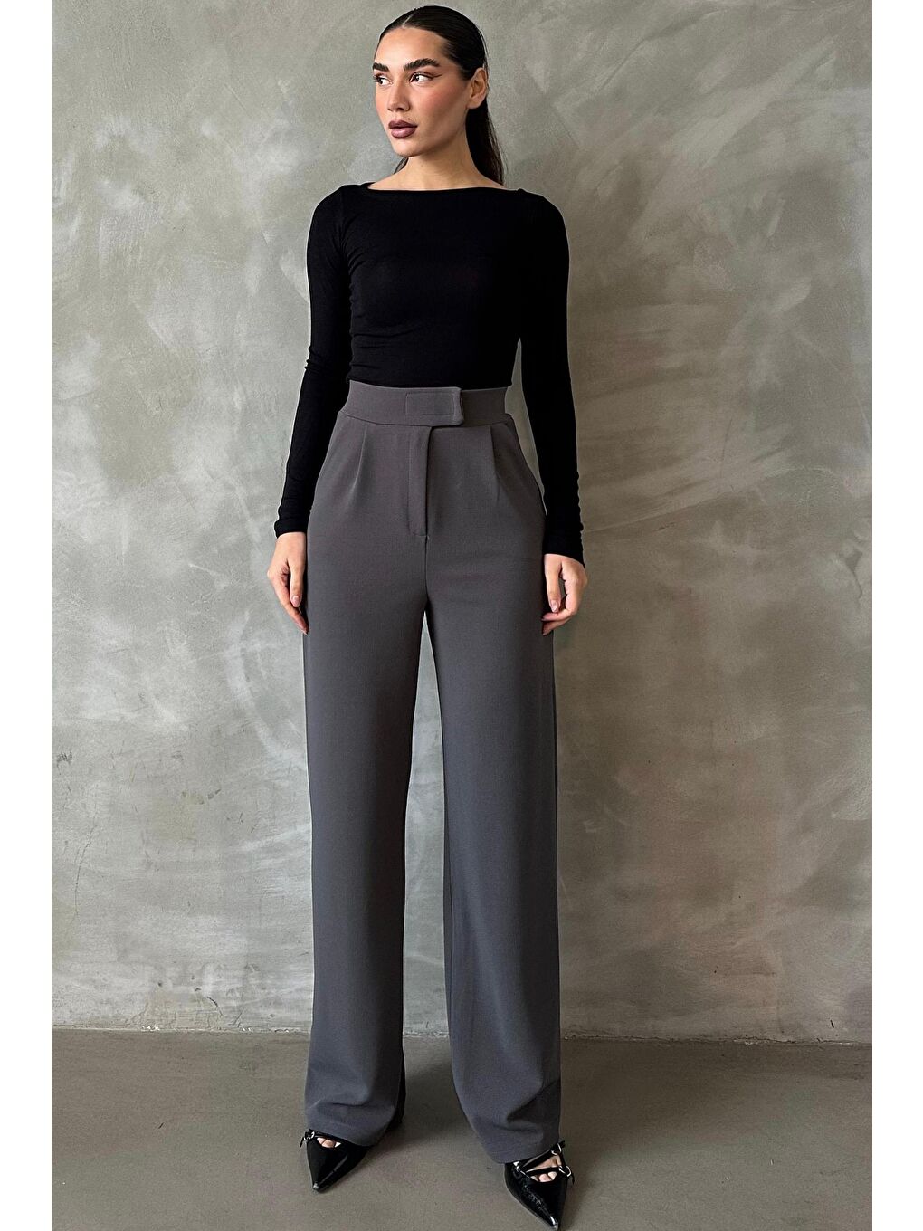 Antrasit Elastanlı Cırt Kapamalı Palazzo Pantolon Mg2291-5