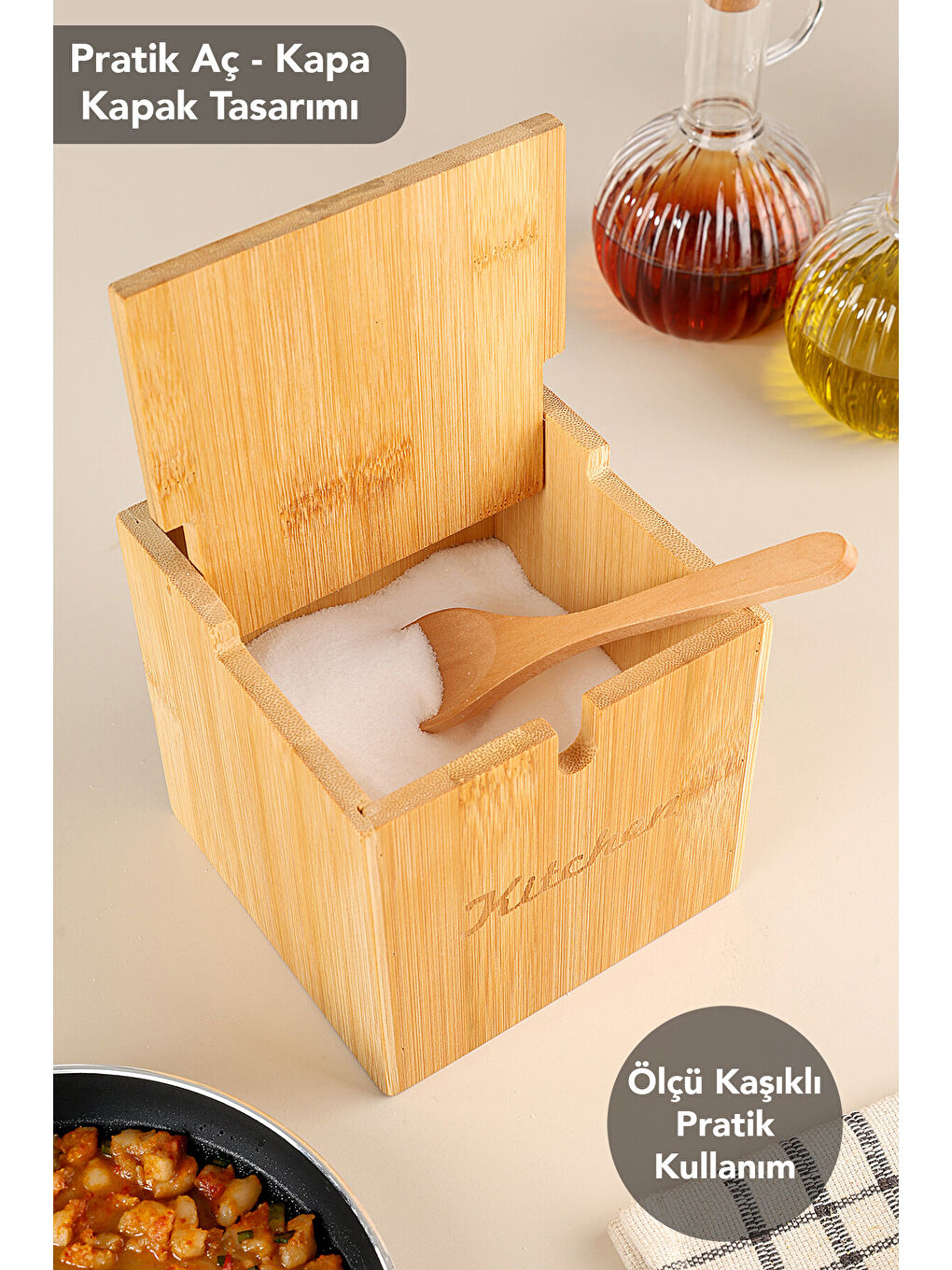 Ekru Kaşıklı Bambu Baharat Kutusu-1