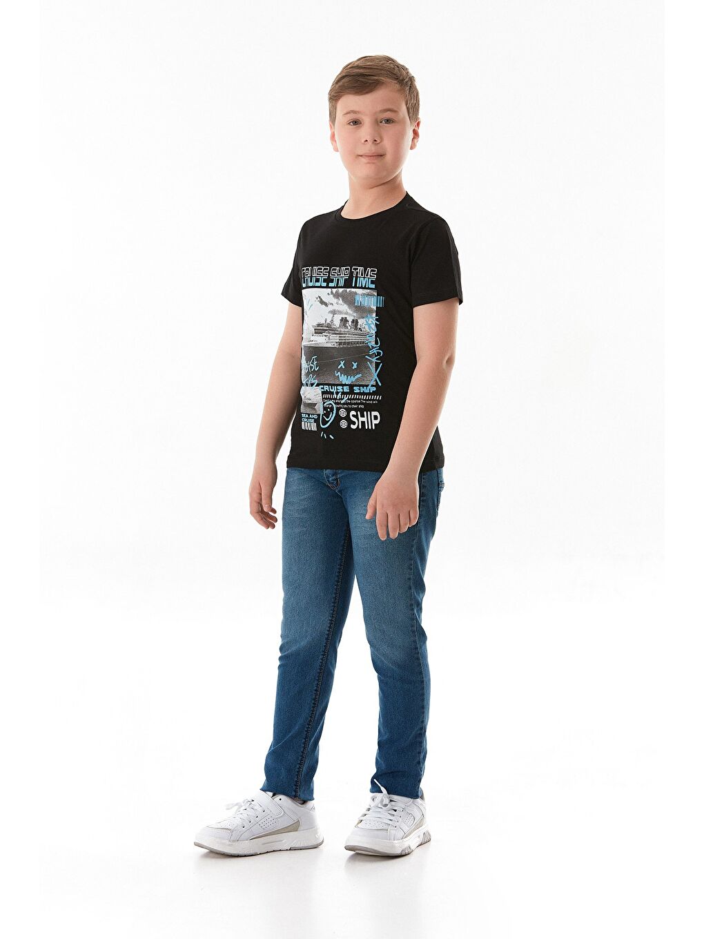 Siyah %100 Cruise Ship Time Baskılı Erkek Çocuk Tişört-1