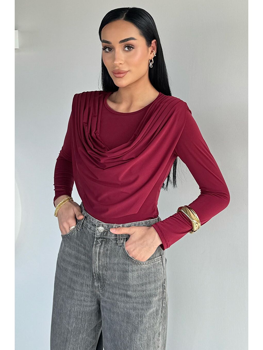 Bordo Kadın Şal Yaka Elastanlı Bluz-1