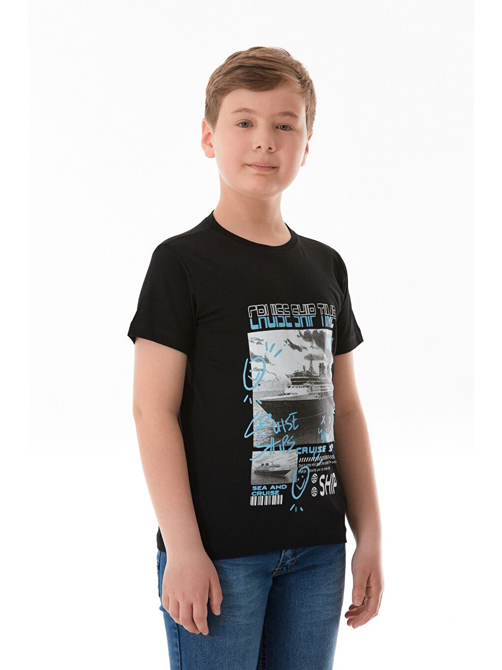 Siyah %100 Cruise Ship Time Baskılı Erkek Çocuk Tişört-2