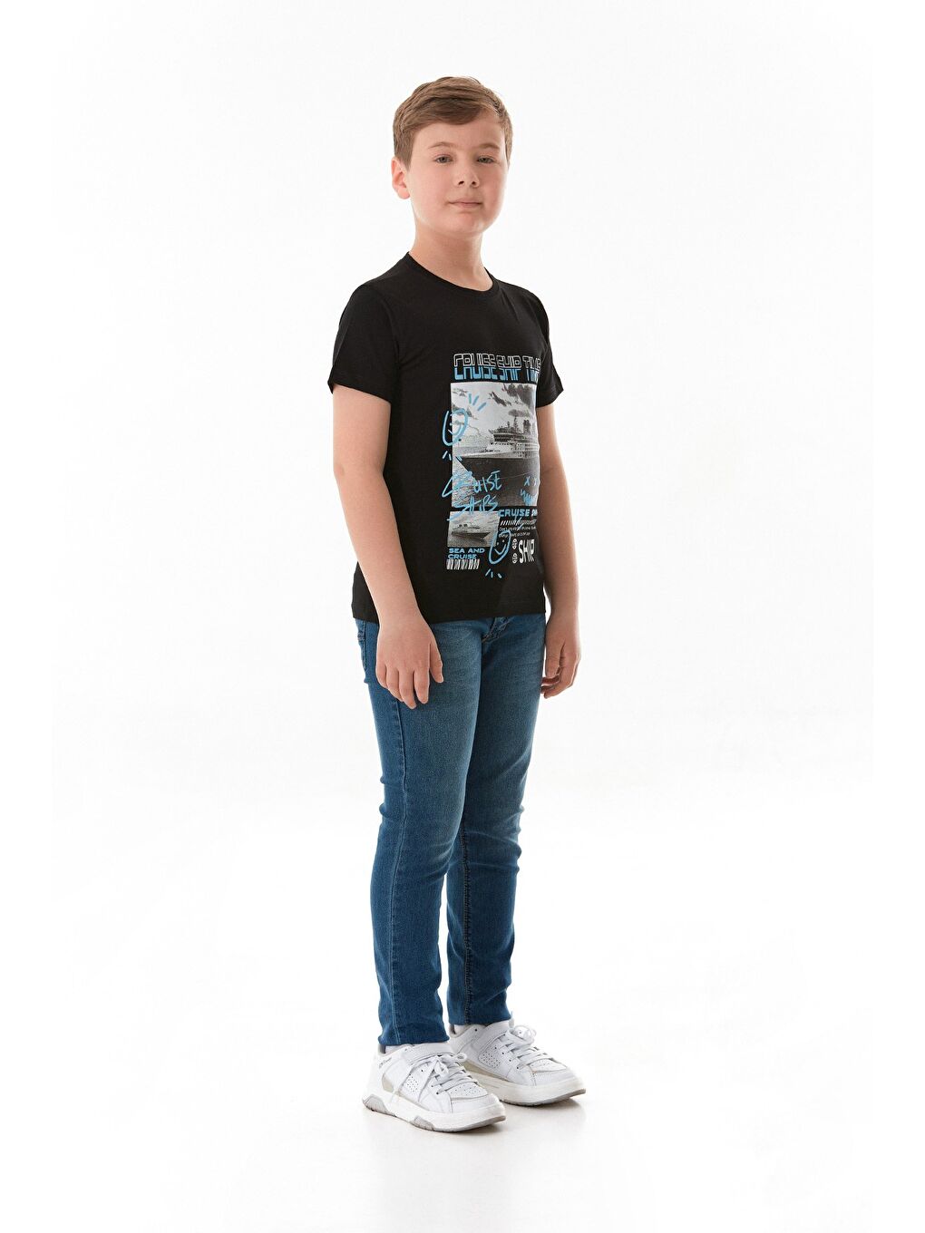 Siyah %100 Cruise Ship Time Baskılı Erkek Çocuk Tişört-4