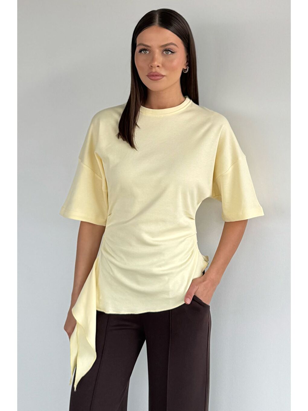 Sarı Kadın Bel Büzgülü Parçalı Bluz
