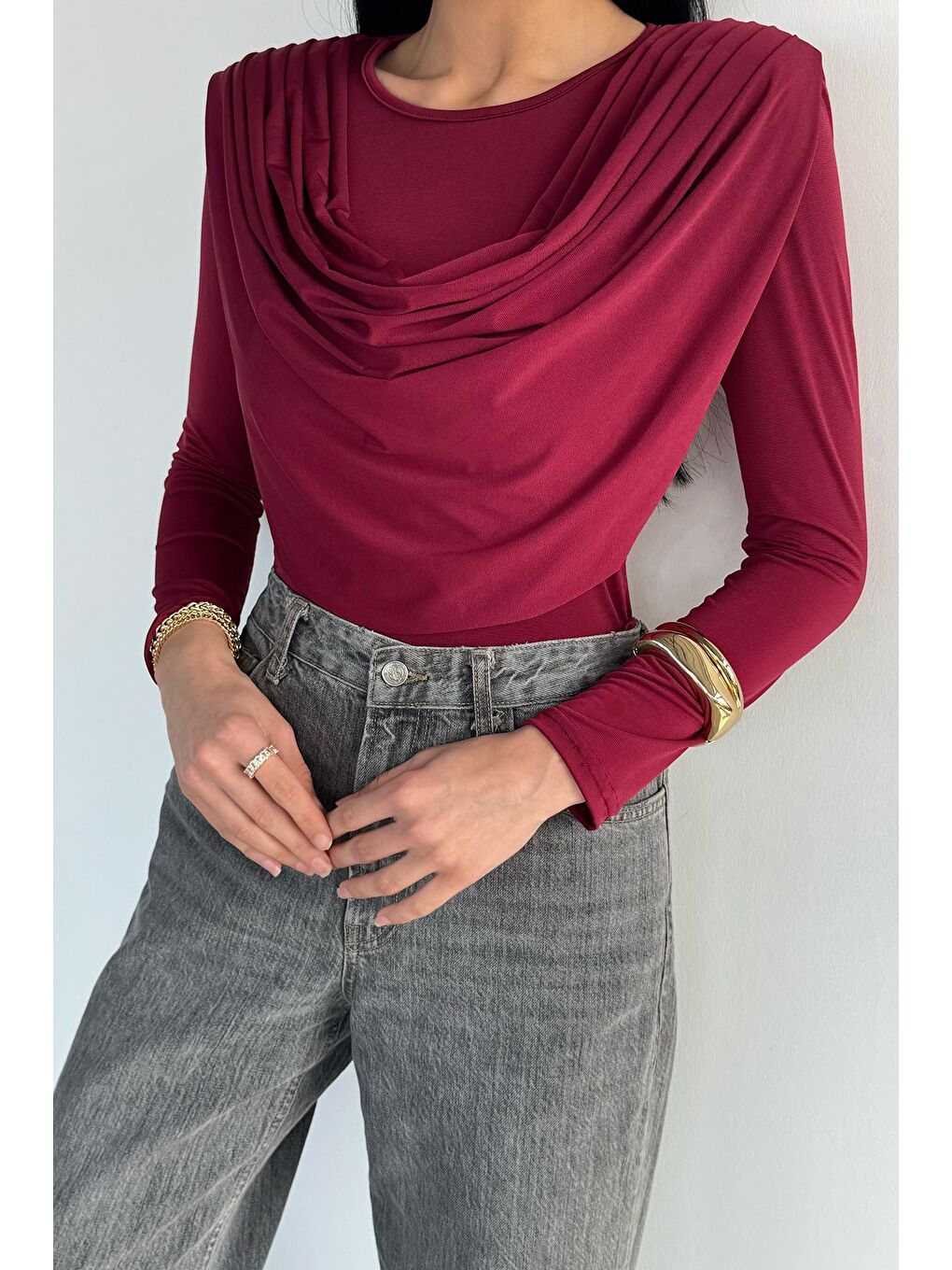 Bordo Kadın Şal Yaka Elastanlı Bluz-2