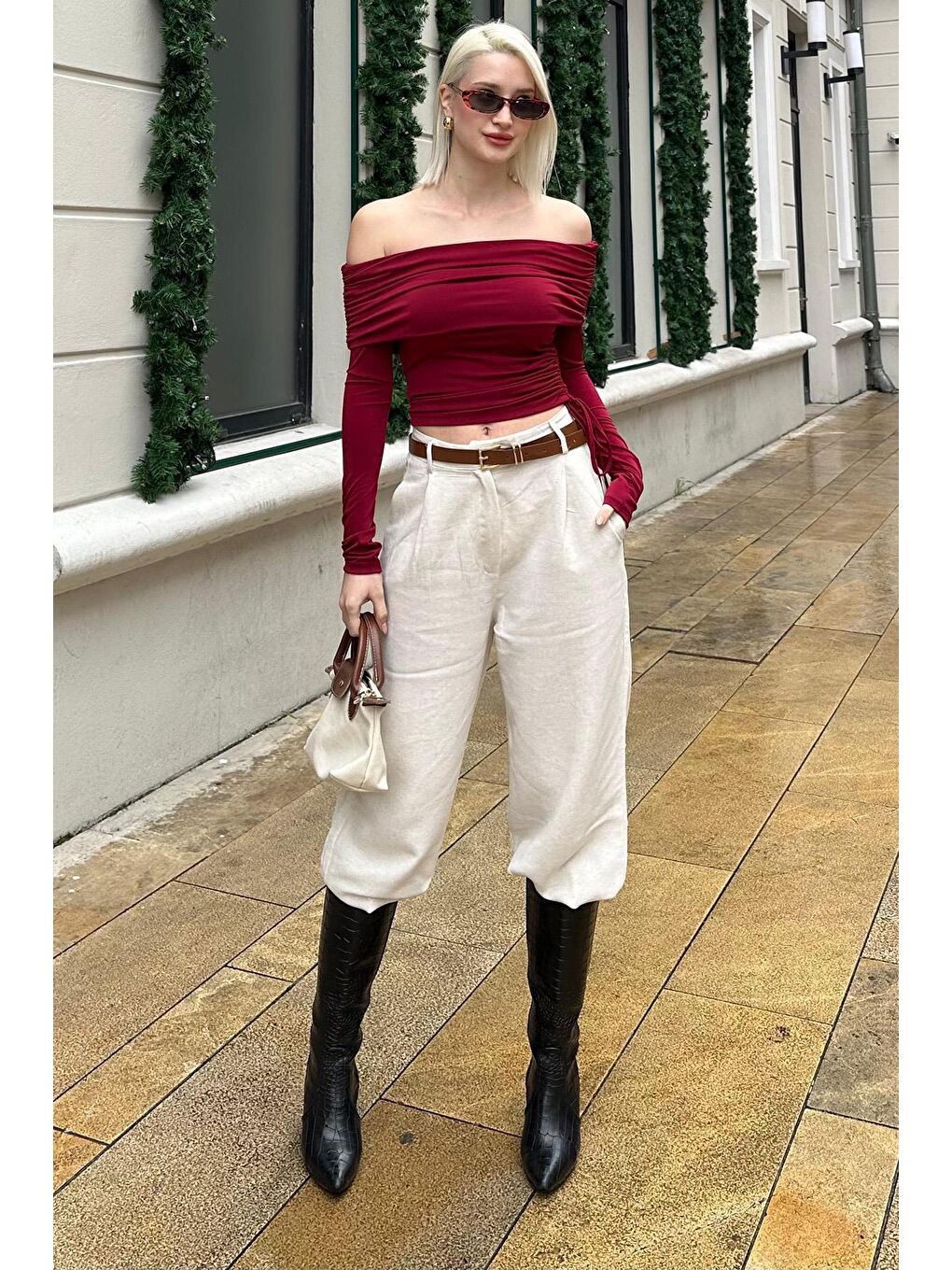 Bordo Büzgülü Kayık Yaka Kadın Bodysuit Mg2250-2