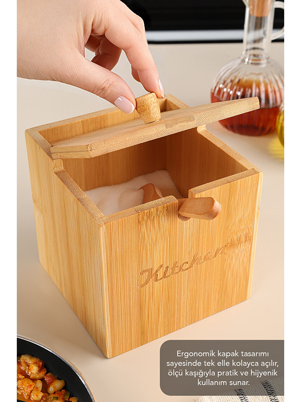 Ekru Kaşıklı Bambu Baharat Kutusu-2