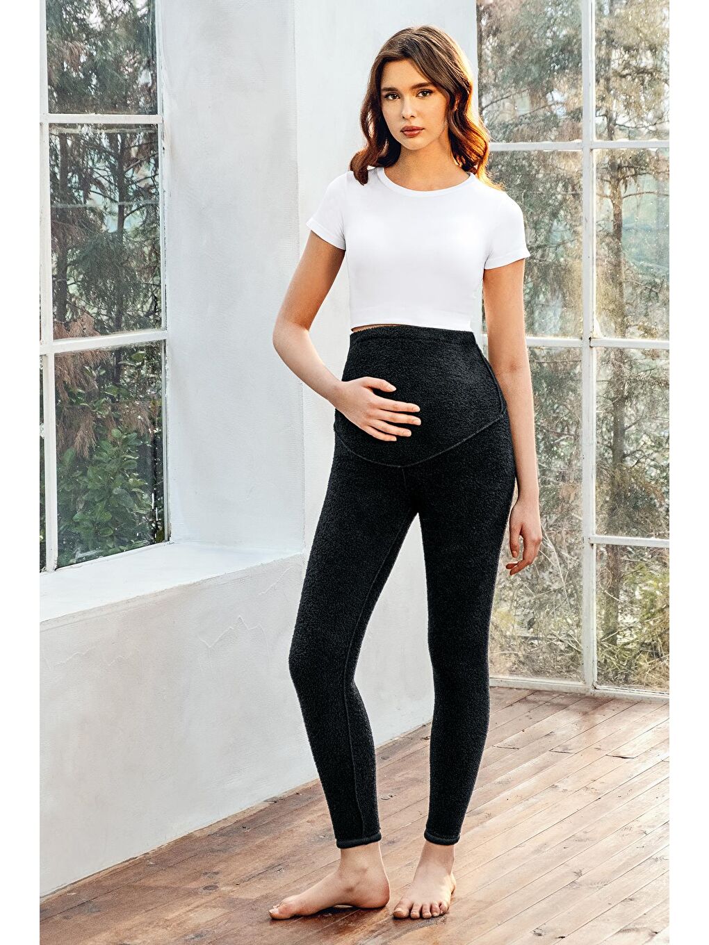Siyah Dışı Pelüşlü Extra Kalın Esnek Beli Ayarlanabilir Kışlık Termal Hamile Tayt T26-3