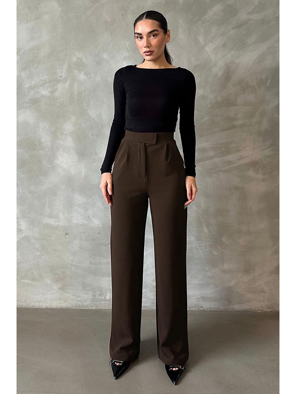 Kahverengi Elastanlı Cırt Kapamalı Palazzo Pantolon Mg2291
