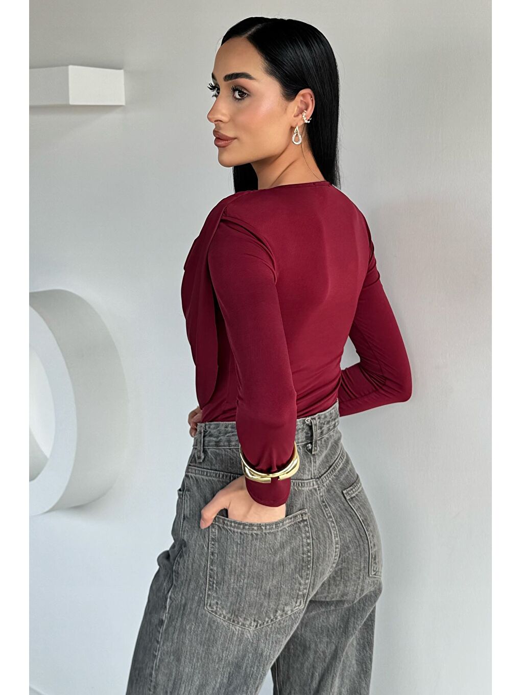 Bordo Kadın Şal Yaka Elastanlı Bluz-3