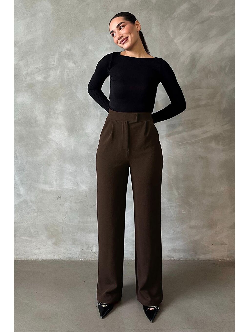 Kahverengi Elastanlı Cırt Kapamalı Palazzo Pantolon Mg2291-1