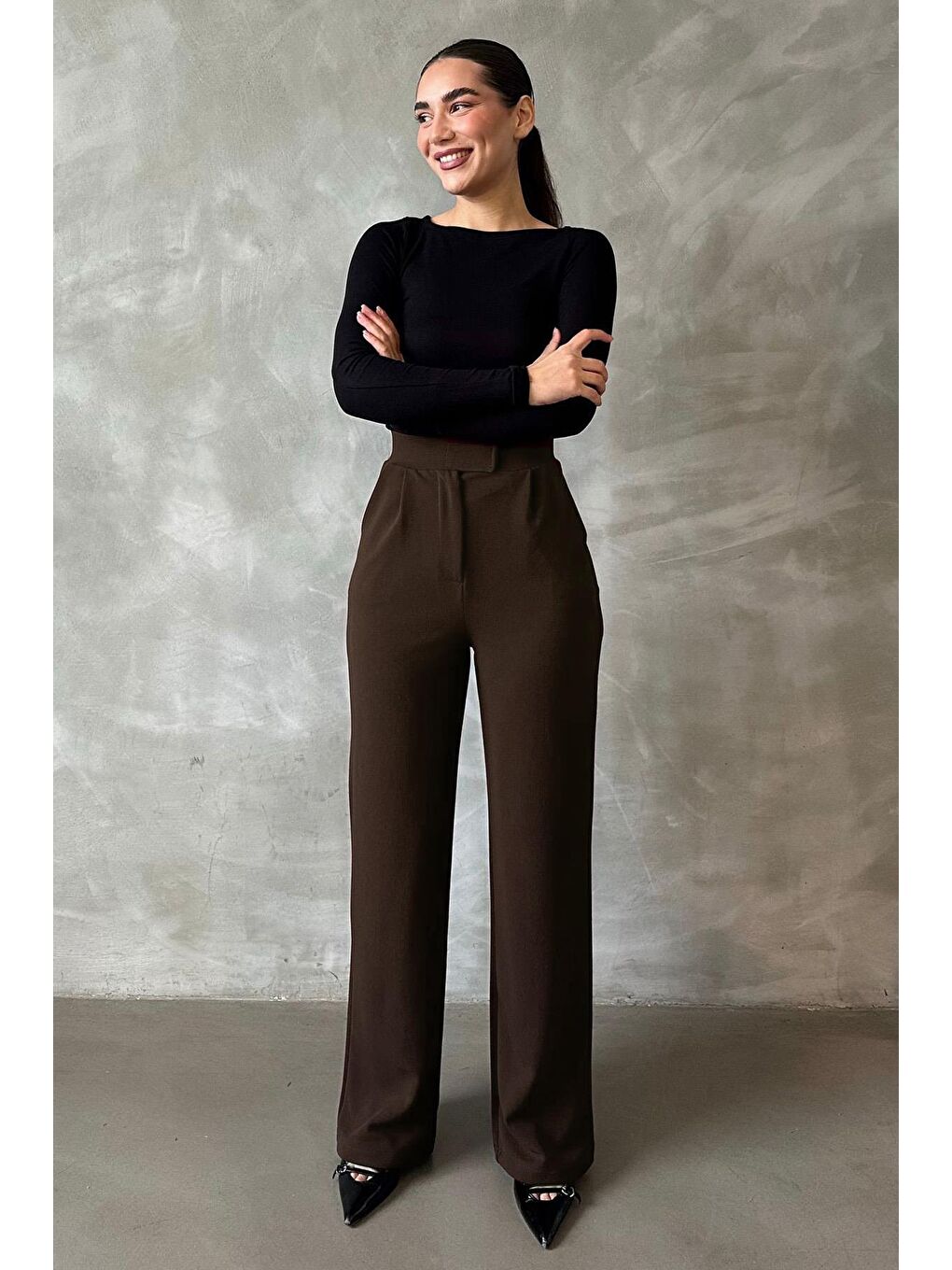 Kahverengi Elastanlı Cırt Kapamalı Palazzo Pantolon Mg2291-2