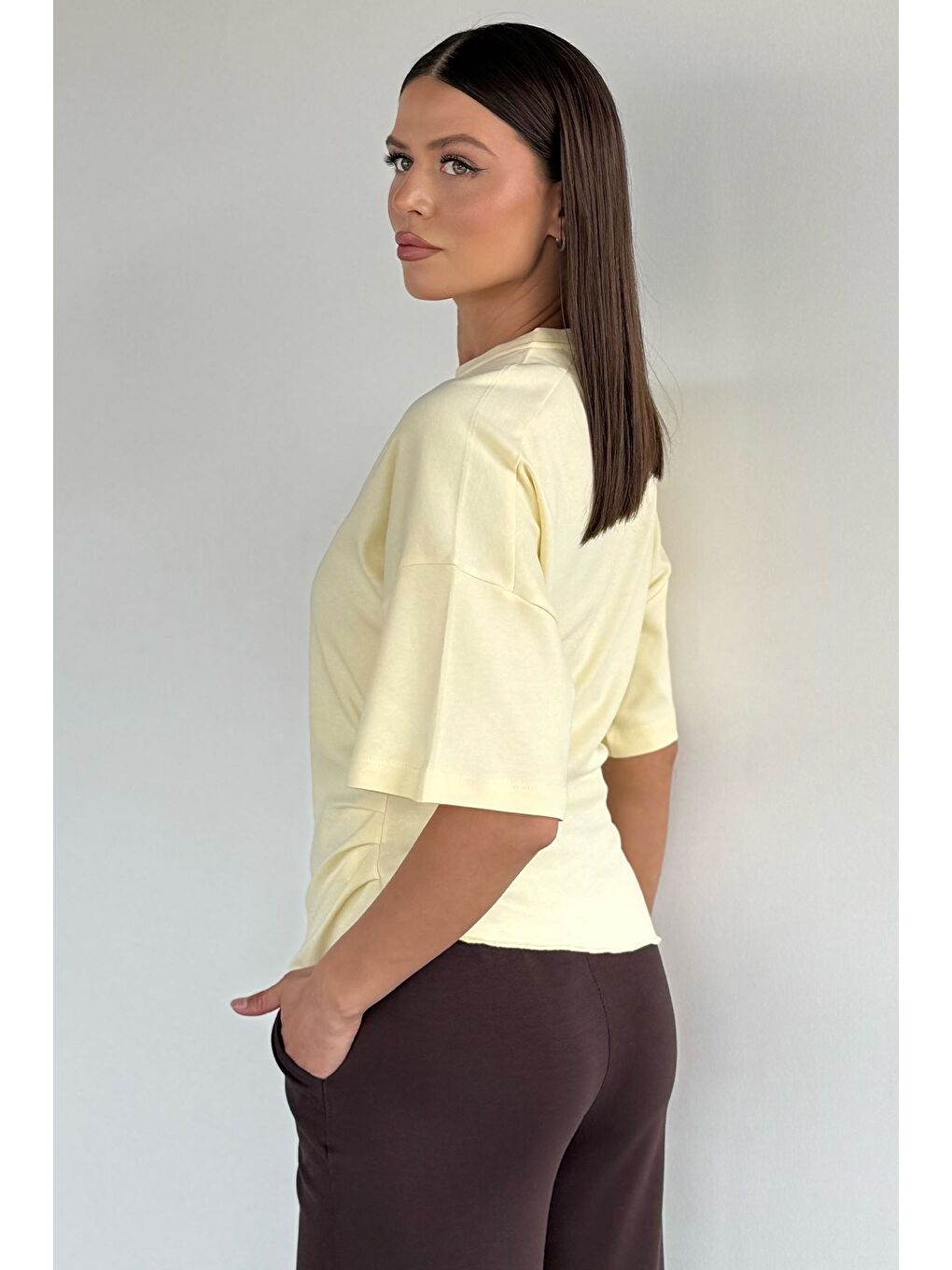 Sarı Kadın Bel Büzgülü Parçalı Bluz-3